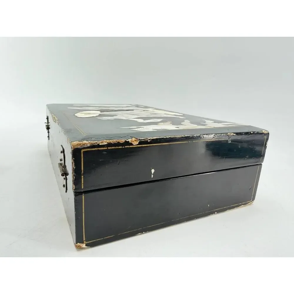 Asian Black Lacquer Jewelry Box Mother of Pearl Inlay Red Velvet 2.35 lb